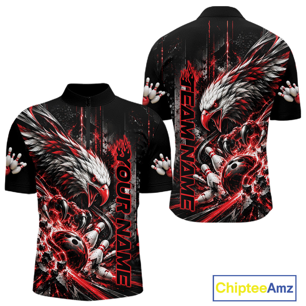 Custom Red Grunge Eagle Bowling Men Quarter Zip Shirt, Team League Shirt Bowlers Outfit IPHW12430