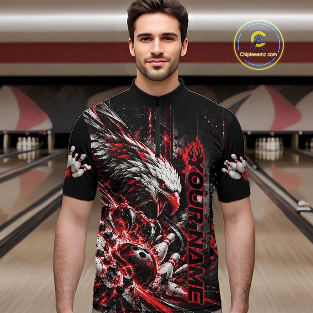 Custom Red Grunge Eagle Bowling Men Quarter Zip Shirt, Team League Shirt Bowlers Outfit IPHW12430