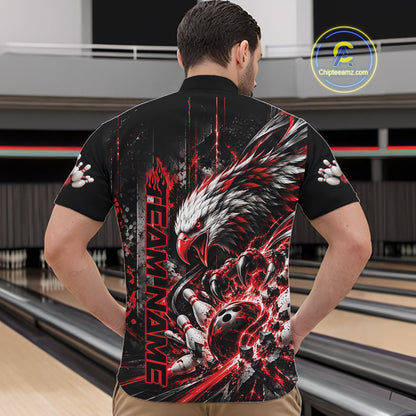 Custom Red Grunge Eagle Bowling Men Quarter Zip Shirt, Team League Shirt Bowlers Outfit IPHW12430