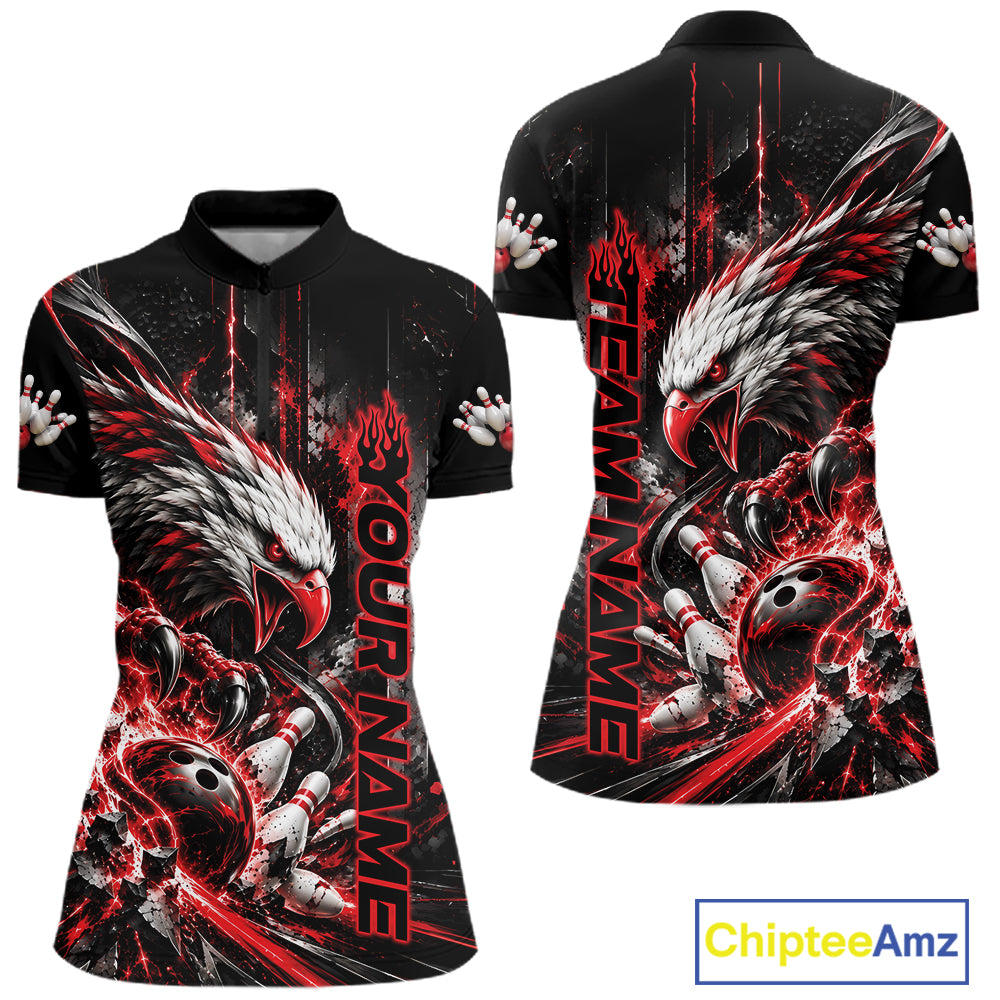 Custom Red Grunge Eagle Bowling Women Quarter-Zip Shirt, Team League Shirt Bowler Outfit IPHW12430