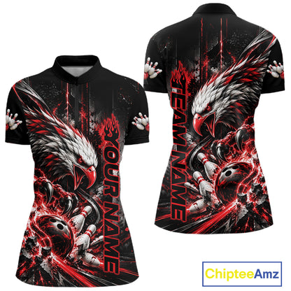 Custom Red Grunge Eagle Bowling Women Quarter-Zip Shirt, Team League Shirt Bowler Outfit IPHW12430