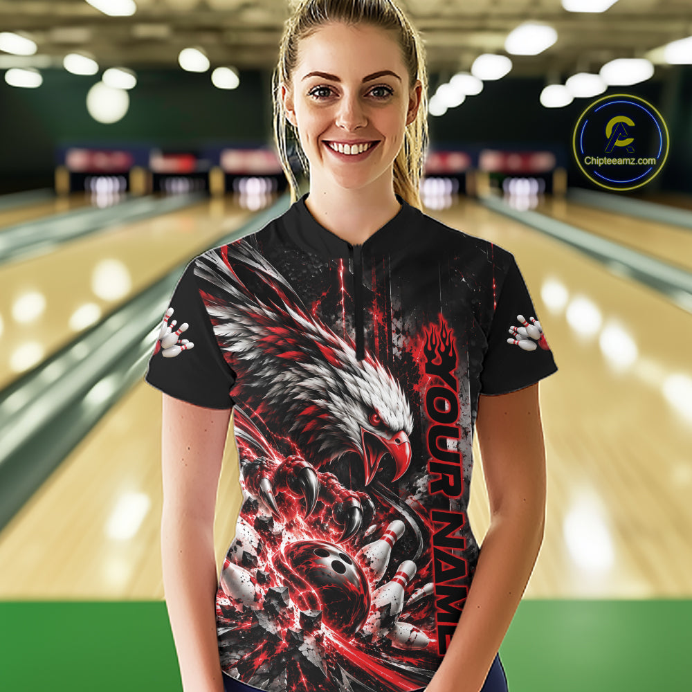 Custom Red Grunge Eagle Bowling Women Quarter-Zip Shirt, Team League Shirt Bowler Outfit IPHW12430