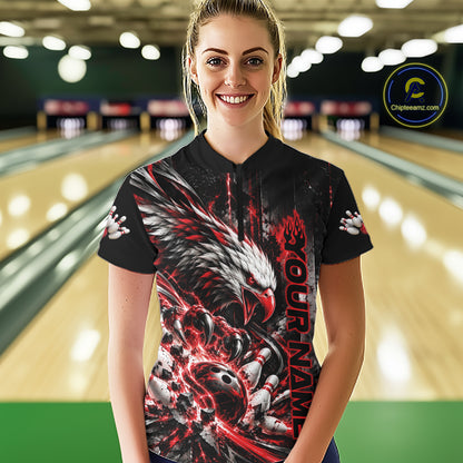 Custom Red Grunge Eagle Bowling Women Quarter-Zip Shirt, Team League Shirt Bowler Outfit IPHW12430
