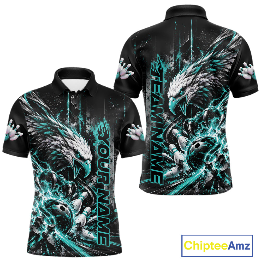 Custom Teal Blue Grunge Eagle Bowling Men Polo Shirt, Team League Shirt Bowlers Outfit IPHW12431