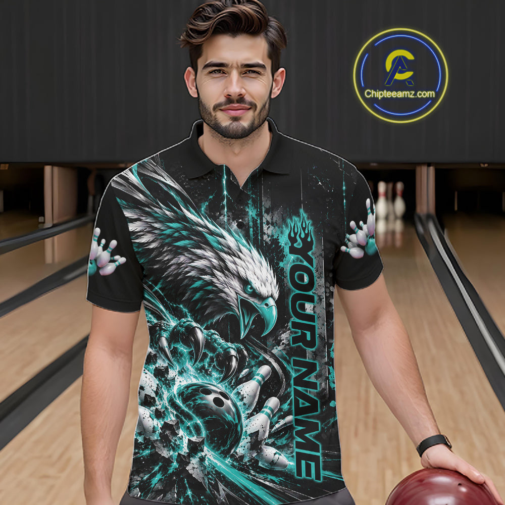 Custom Teal Blue Grunge Eagle Bowling Men Polo Shirt, Team League Shirt Bowlers Outfit IPHW12431