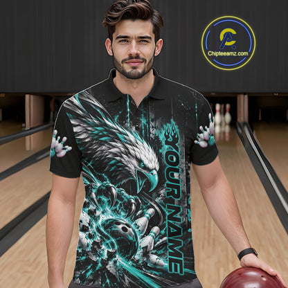 Custom Teal Blue Grunge Eagle Bowling Men Polo Shirt, Team League Shirt Bowlers Outfit IPHW12431