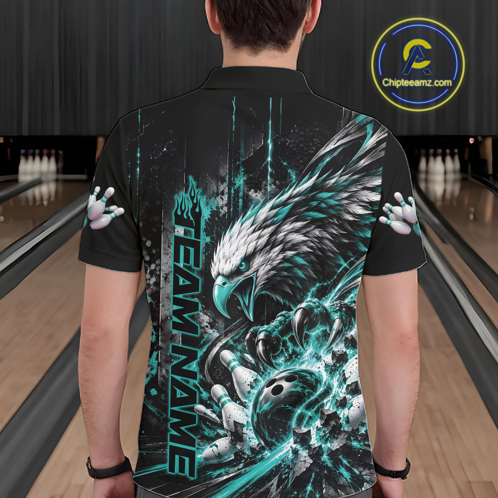 Custom Teal Blue Grunge Eagle Bowling Men Polo Shirt, Team League Shirt Bowlers Outfit IPHW12431