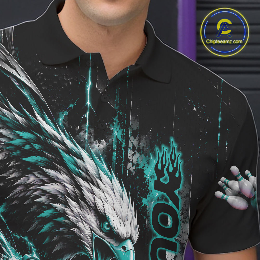 Custom Teal Blue Grunge Eagle Bowling Men Polo Shirt, Team League Shirt Bowlers Outfit IPHW12431