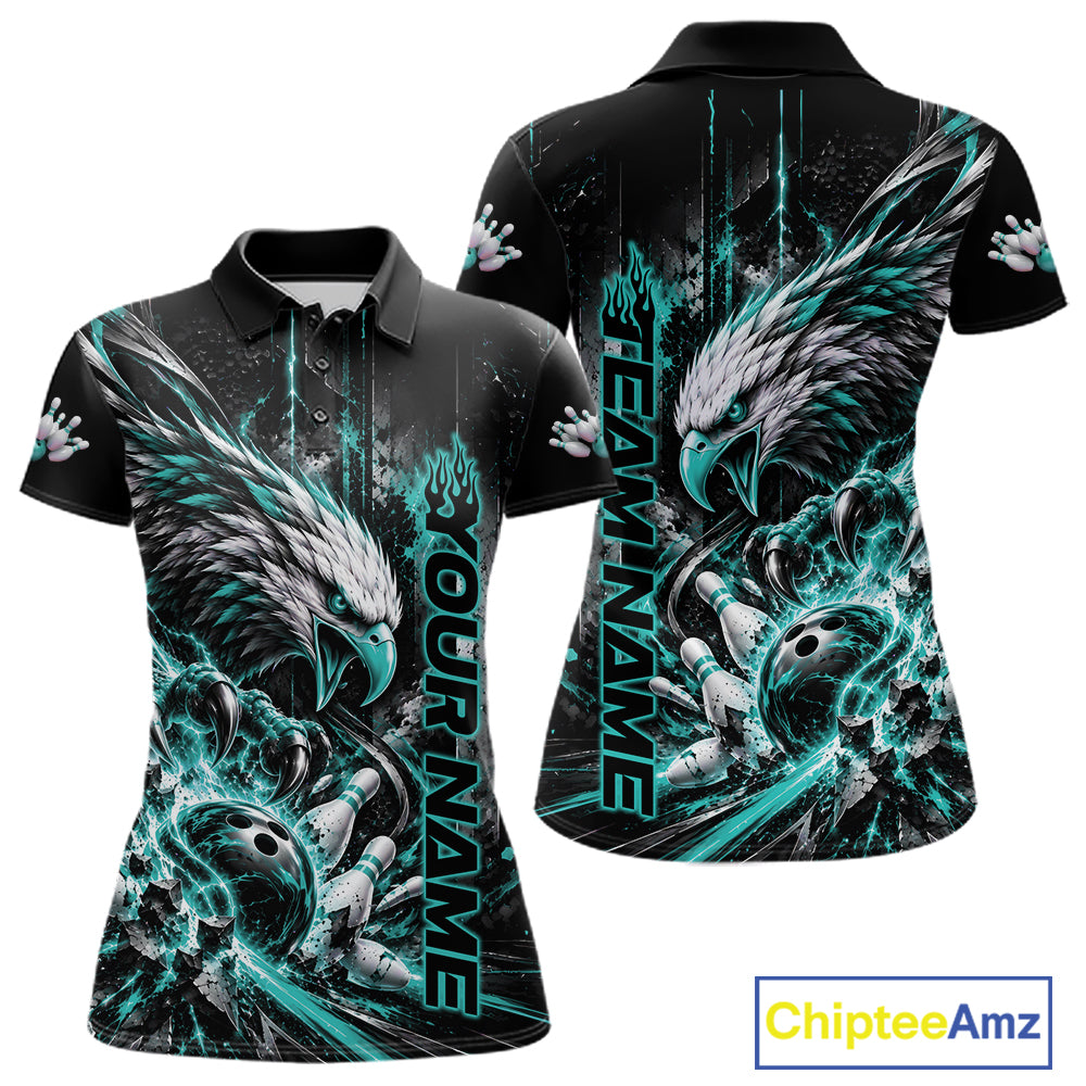 Custom Teal Blue Grunge Eagle Bowling Women Polo Shirt, Team League Shirt Bowlers Outfit IPHW12431