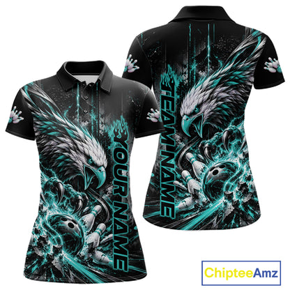 Custom Teal Blue Grunge Eagle Bowling Women Polo Shirt, Team League Shirt Bowlers Outfit IPHW12431