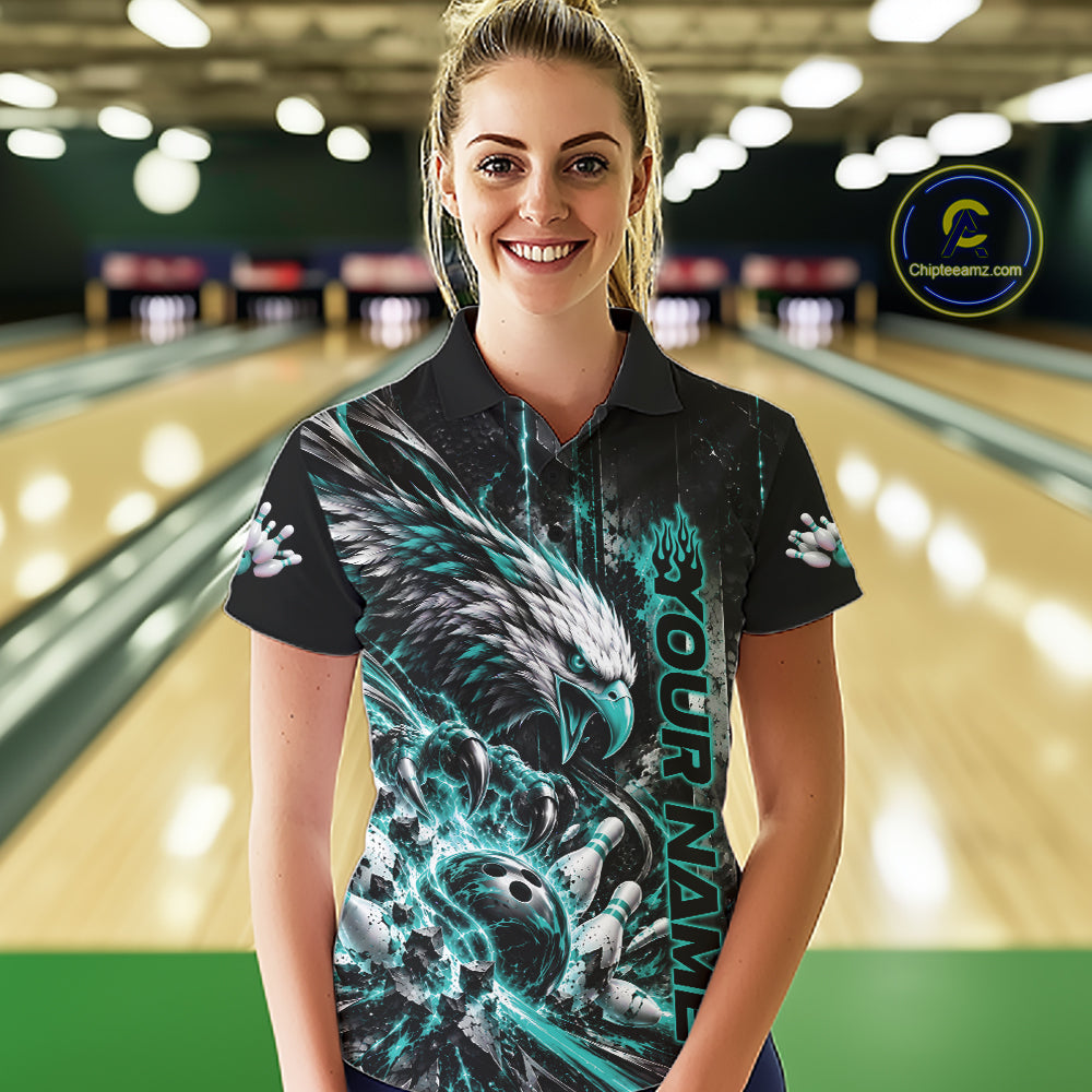 Custom Teal Blue Grunge Eagle Bowling Women Polo Shirt, Team League Shirt Bowlers Outfit IPHW12431
