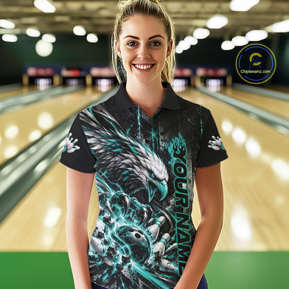 Custom Teal Blue Grunge Eagle Bowling Women Polo Shirt, Team League Shirt Bowlers Outfit IPHW12431