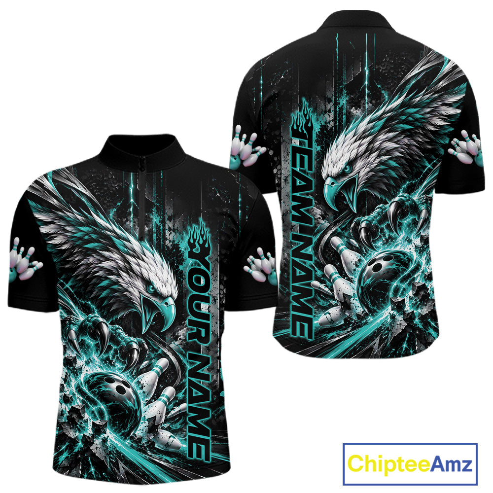 Custom Teal Blue Grunge Eagle Bowling Men Quarter Zip Shirt, Team League Shirt Bowlers Outfit IPHW12431