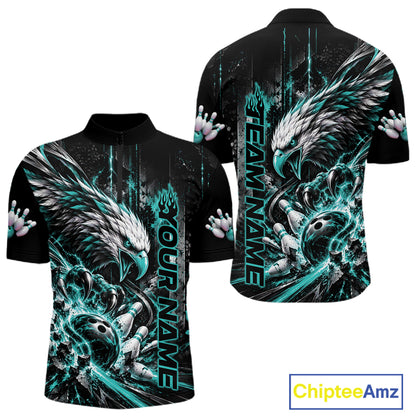 Custom Teal Blue Grunge Eagle Bowling Men Quarter Zip Shirt, Team League Shirt Bowlers Outfit IPHW12431