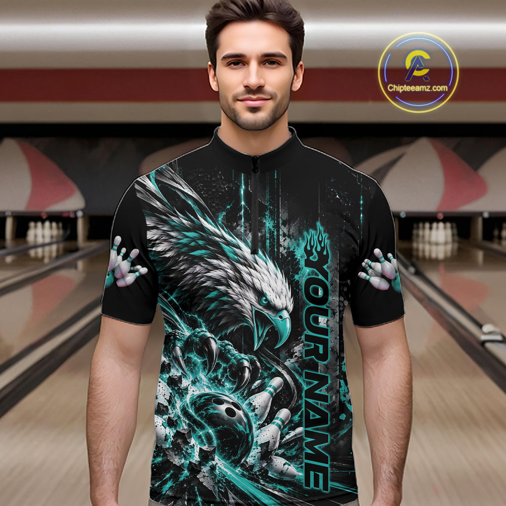 Custom Teal Blue Grunge Eagle Bowling Men Quarter Zip Shirt, Team League Shirt Bowlers Outfit IPHW12431