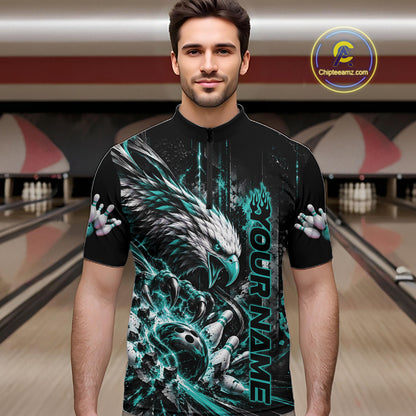 Custom Teal Blue Grunge Eagle Bowling Men Quarter Zip Shirt, Team League Shirt Bowlers Outfit IPHW12431