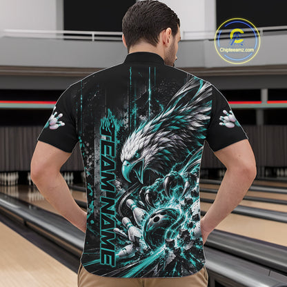 Custom Teal Blue Grunge Eagle Bowling Men Quarter Zip Shirt, Team League Shirt Bowlers Outfit IPHW12431