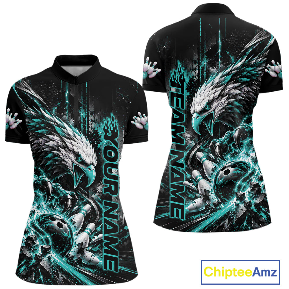 Custom Teal Blue Grunge Eagle Bowling Women Quarter-Zip Shirt, Team League Shirt Bowlers IPHW12431