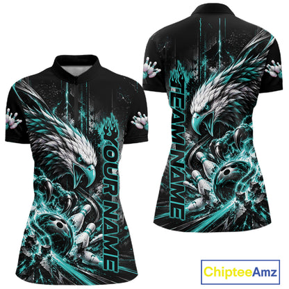 Custom Teal Blue Grunge Eagle Bowling Women Quarter-Zip Shirt, Team League Shirt Bowlers IPHW12431