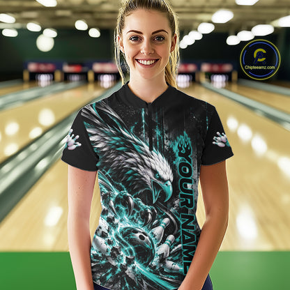 Custom Teal Blue Grunge Eagle Bowling Women Quarter-Zip Shirt, Team League Shirt Bowlers IPHW12431