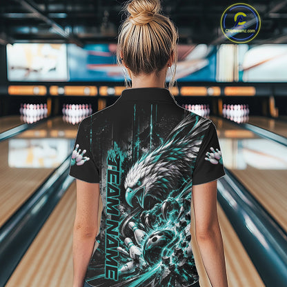 Custom Teal Blue Grunge Eagle Bowling Women Quarter-Zip Shirt, Team League Shirt Bowlers IPHW12431