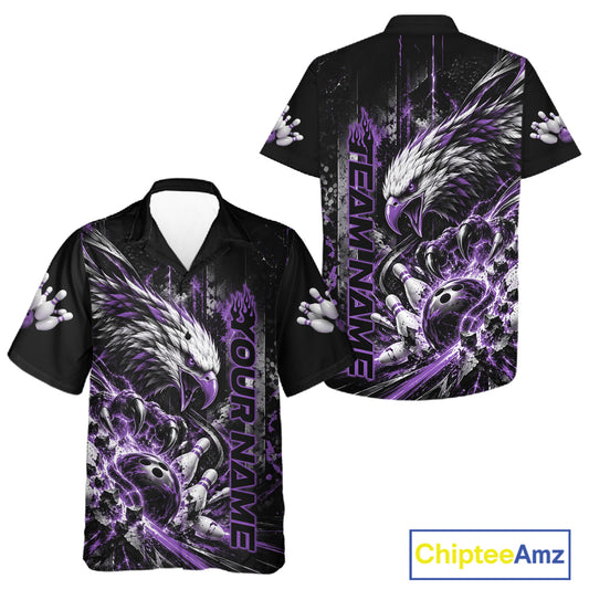 Custom Purple Grunge Eagle Bowling Men And Women Button Up Shirt, Team League Shirt Bowlers Outfit IPHW12432