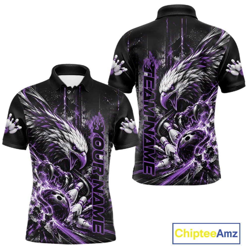 Custom Purple Grunge Eagle Bowling Men Polo Shirt, Team League Shirt Bowlers Outfit IPHW12432