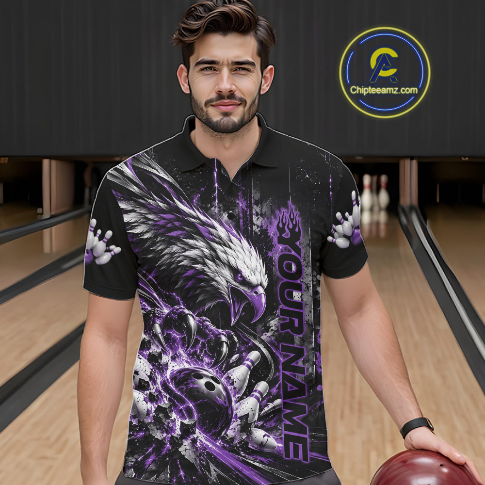 Custom Purple Grunge Eagle Bowling Men Polo Shirt, Team League Shirt Bowlers Outfit IPHW12432