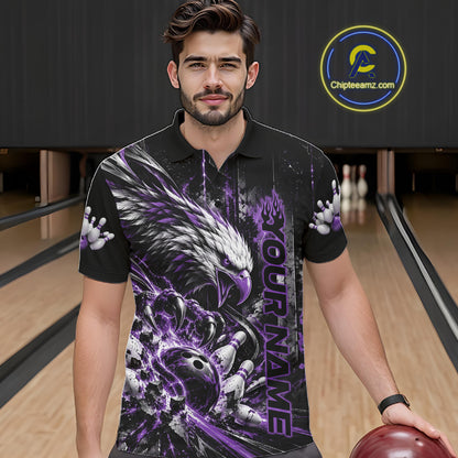 Custom Purple Grunge Eagle Bowling Men Polo Shirt, Team League Shirt Bowlers Outfit IPHW12432