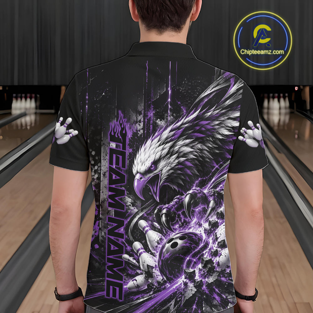 Custom Purple Grunge Eagle Bowling Men Polo Shirt, Team League Shirt Bowlers Outfit IPHW12432