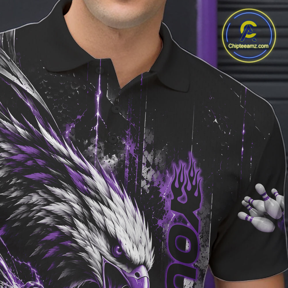 Custom Purple Grunge Eagle Bowling Men Polo Shirt, Team League Shirt Bowlers Outfit IPHW12432