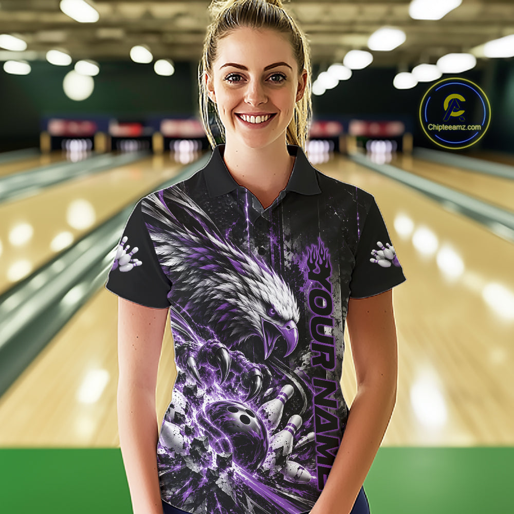 Custom Purple Grunge Eagle Bowling Women Polo Shirt, Team League Shirt Bowlers Outfit IPHW12432