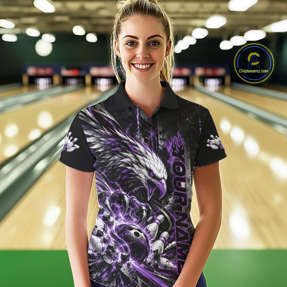 Custom Purple Grunge Eagle Bowling Women Polo Shirt, Team League Shirt Bowlers Outfit IPHW12432