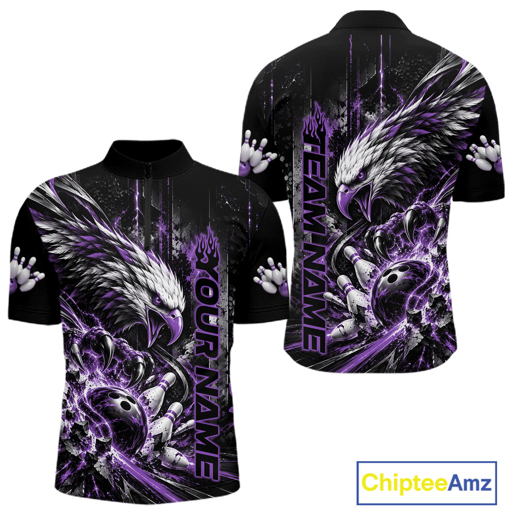 Custom Purple Grunge Eagle Bowling Men Quarter Zip Shirt, Team League Shirt Bowlers Outfit IPHW12432