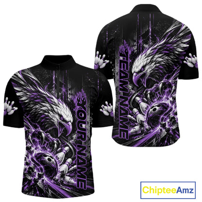 Custom Purple Grunge Eagle Bowling Men Quarter Zip Shirt, Team League Shirt Bowlers Outfit IPHW12432