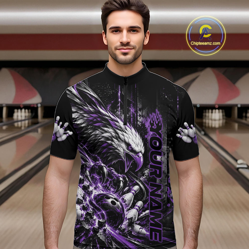 Custom Purple Grunge Eagle Bowling Men Quarter Zip Shirt, Team League Shirt Bowlers Outfit IPHW12432