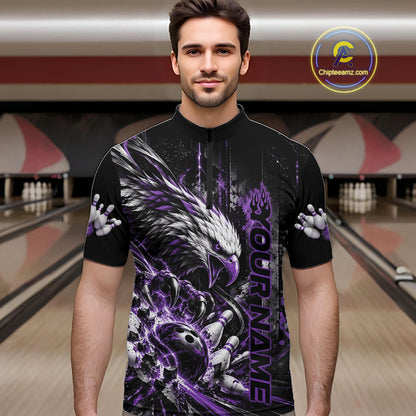 Custom Purple Grunge Eagle Bowling Men Quarter Zip Shirt, Team League Shirt Bowlers Outfit IPHW12432
