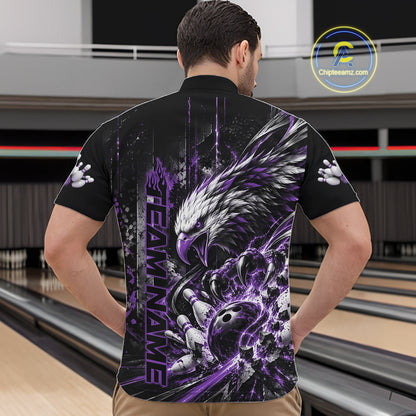Custom Purple Grunge Eagle Bowling Men Quarter Zip Shirt, Team League Shirt Bowlers Outfit IPHW12432