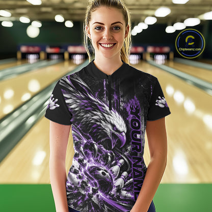 Custom Purple Grunge Eagle Bowling Women Quarter-Zip Shirt, Team League Shirt Bowlers IPHW12432