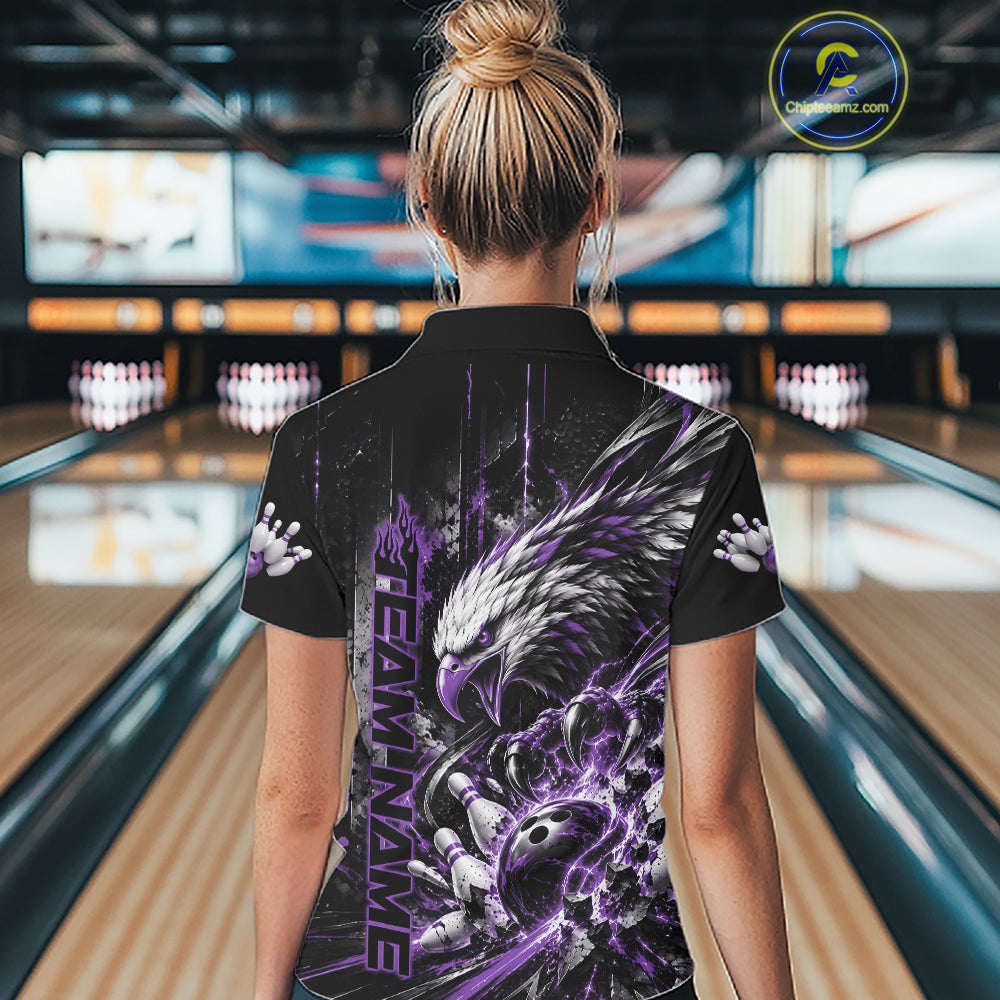 Custom Purple Grunge Eagle Bowling Women Quarter-Zip Shirt, Team League Shirt Bowlers IPHW12432