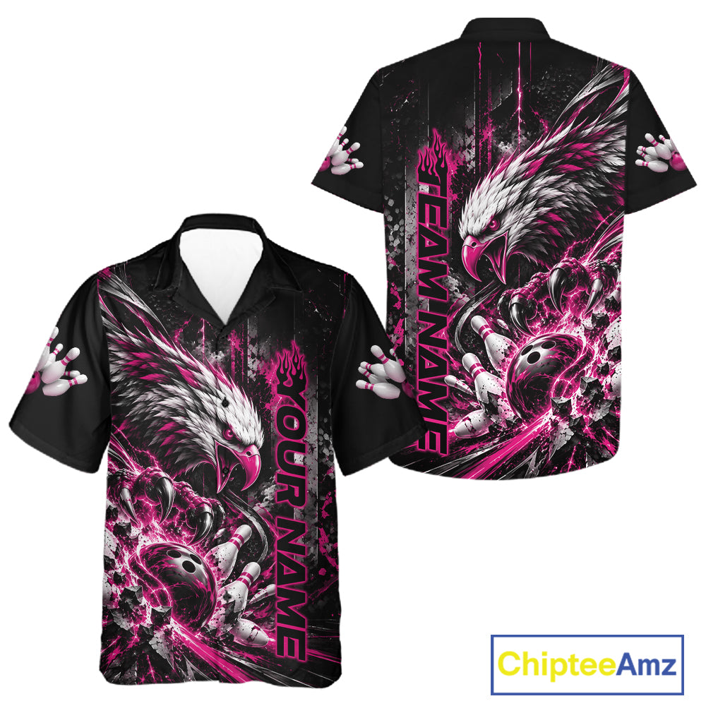 Custom Pink Grunge Eagle Bowling Men And Women Button Up Shirt, Team League Shirt Bowlers Outfit IPHW12433