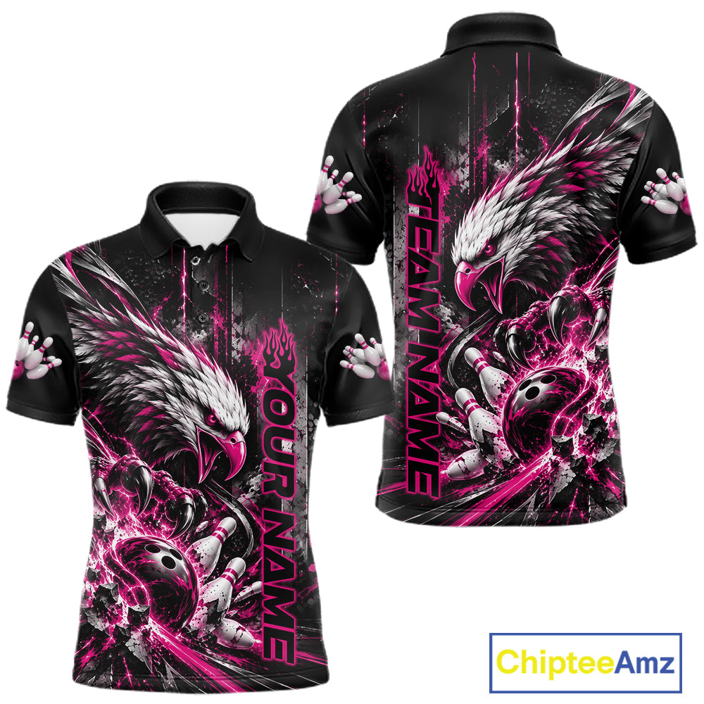 Custom Pink Grunge Eagle Bowling Men Polo Shirt, Team League Shirt Bowlers Outfit IPHW12433