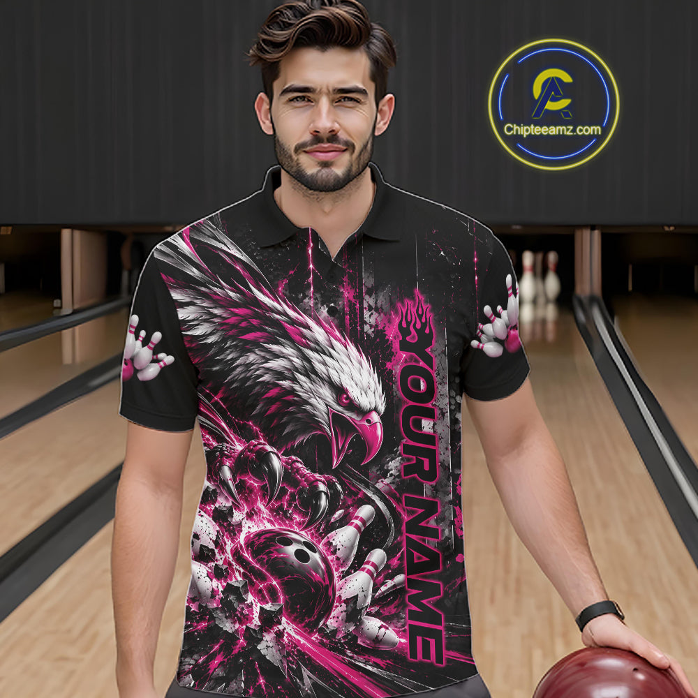 Custom Pink Grunge Eagle Bowling Men Polo Shirt, Team League Shirt Bowlers Outfit IPHW12433
