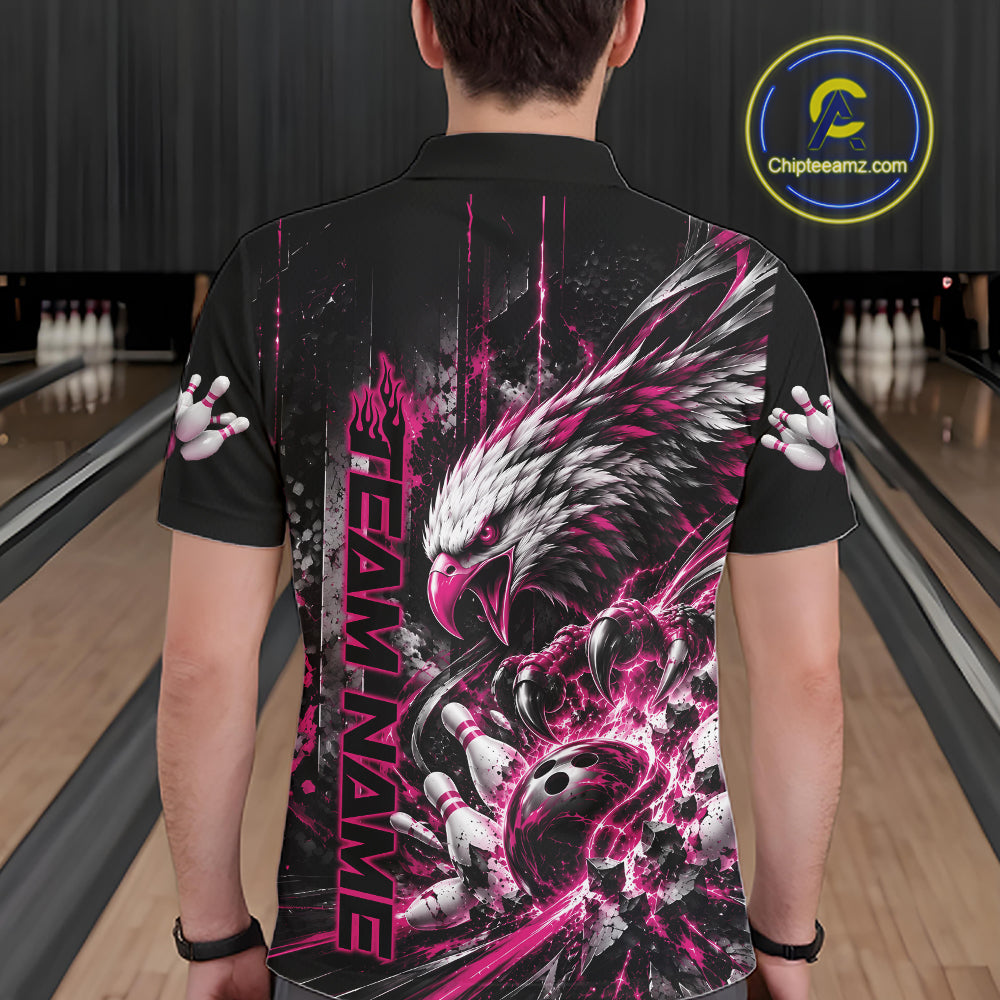 Custom Pink Grunge Eagle Bowling Men Polo Shirt, Team League Shirt Bowlers Outfit IPHW12433