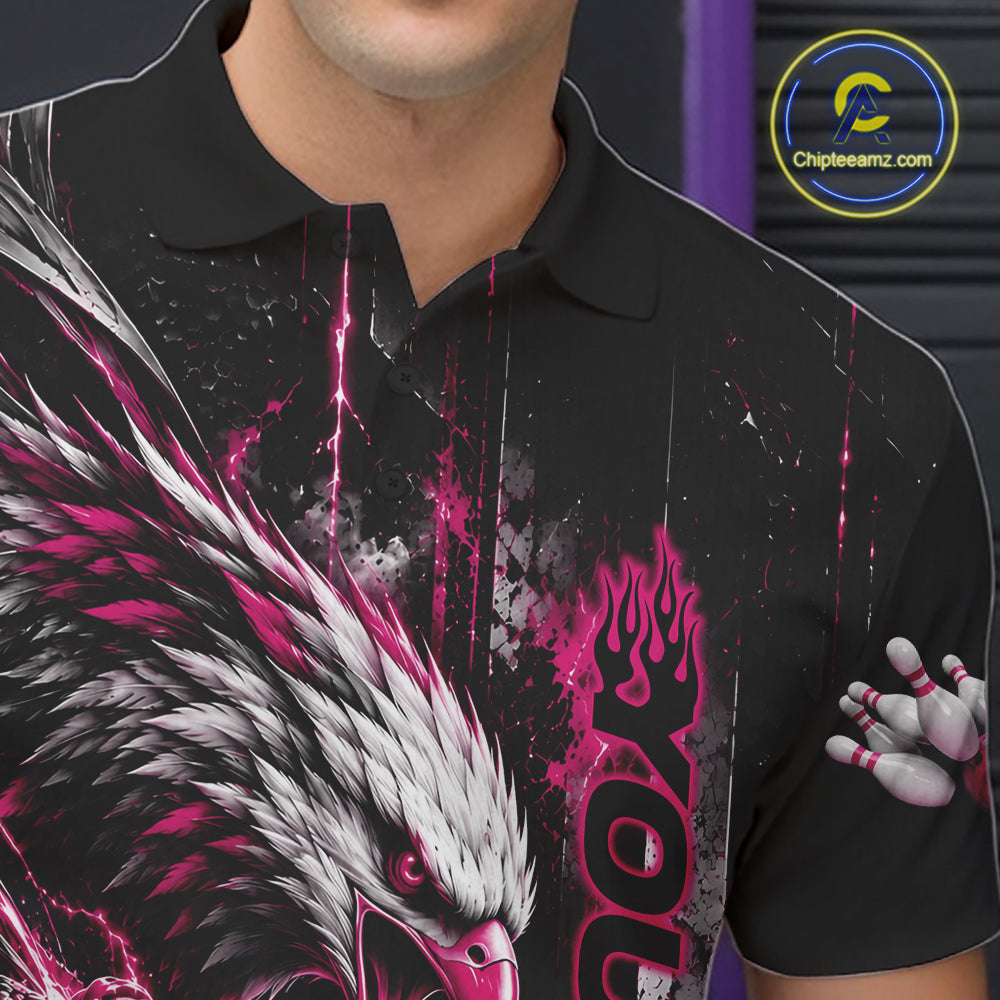 Custom Pink Grunge Eagle Bowling Men Polo Shirt, Team League Shirt Bowlers Outfit IPHW12433