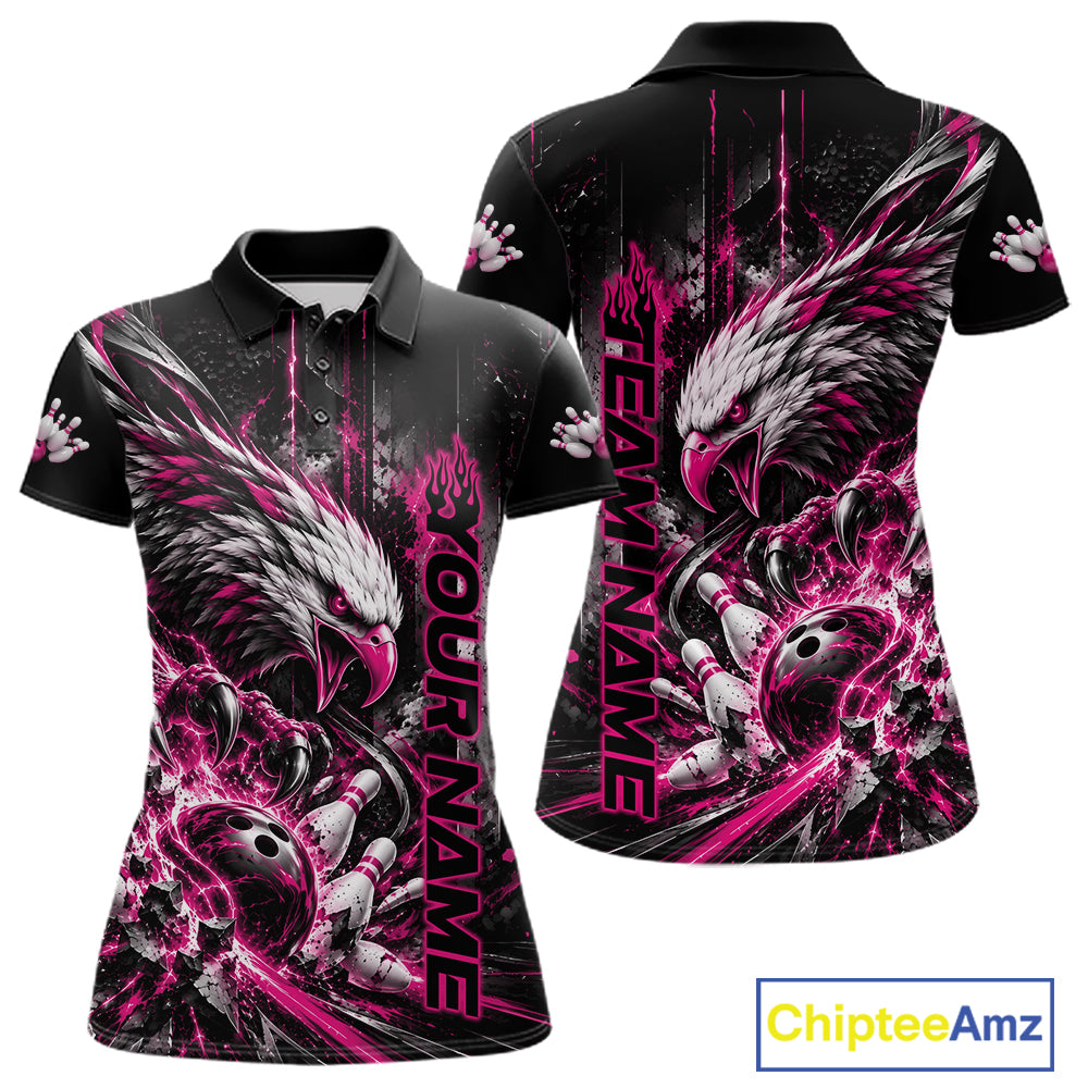Custom Pink Grunge Eagle Bowling Women Polo Shirt, Team League Shirt Bowlers Outfit IPHW12433