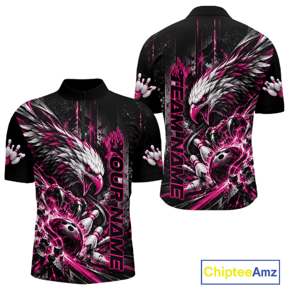 Custom Pink Grunge Eagle Bowling Men Quarter Zip Shirt, Team League Shirt Bowlers Outfit IPHW12433