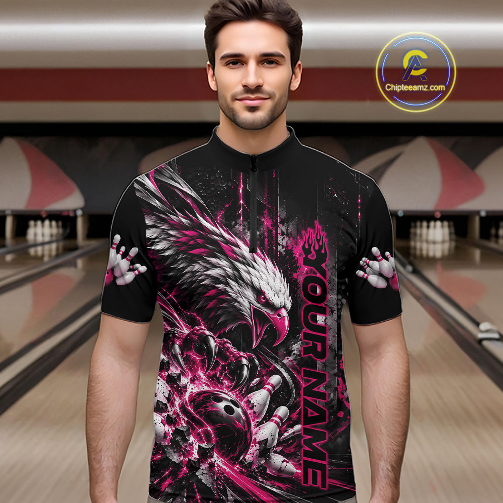 Custom Pink Grunge Eagle Bowling Men Quarter Zip Shirt, Team League Shirt Bowlers Outfit IPHW12433