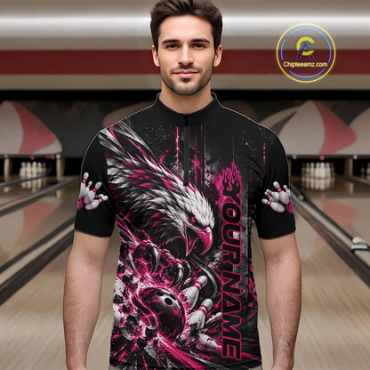Custom Pink Grunge Eagle Bowling Men Quarter Zip Shirt, Team League Shirt Bowlers Outfit IPHW12433