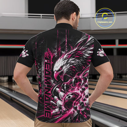 Custom Pink Grunge Eagle Bowling Men Quarter Zip Shirt, Team League Shirt Bowlers Outfit IPHW12433